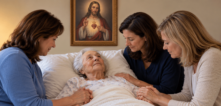 old dying woman surrounded by three daughters